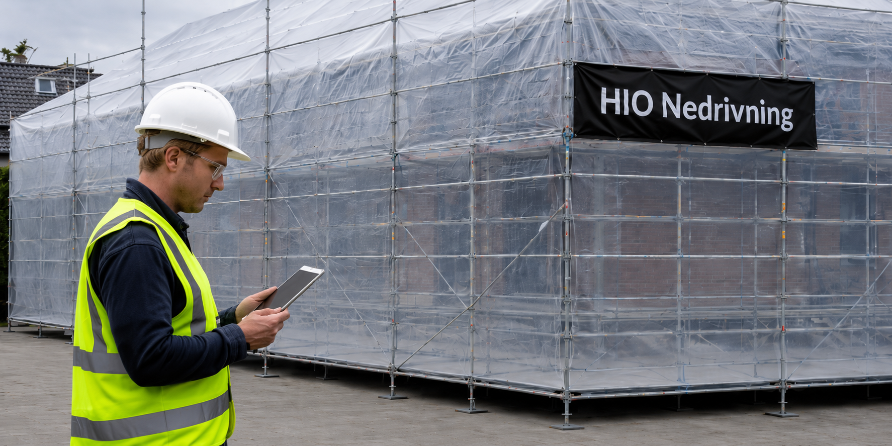 Medarbejder i arbejdstøj inspicerer nedrivningssite